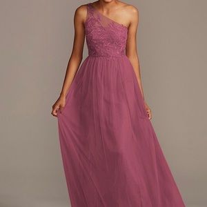 Davids bridal One-Shoulder Net Bridesmaid Chianti